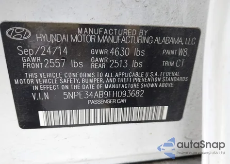 2015 Hyundai Sonata Sport 2.0T z USA, uszkodzony, nr VIN 5NPE34AB9FH093682